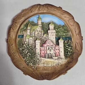 Vintage German Neuschwanstein Castle Carved Plate Wall Decor